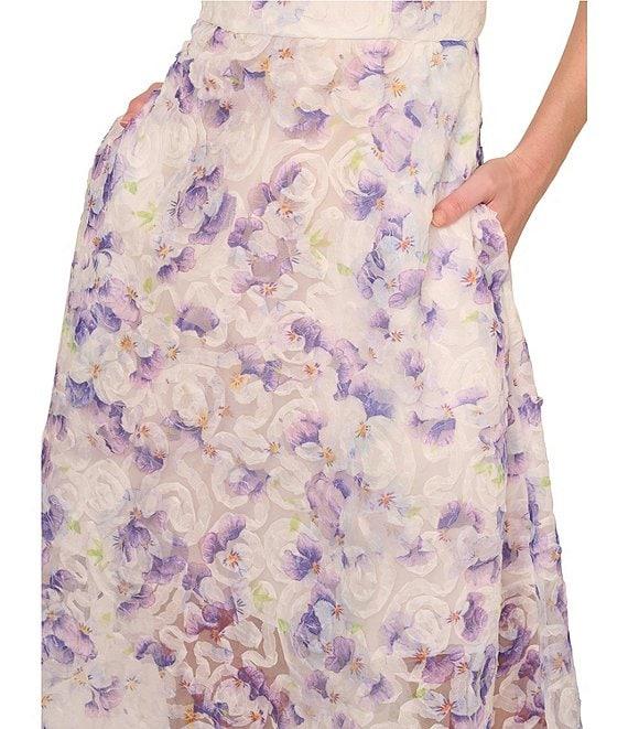 Adrianna Papell Soutache Floral Print V Neck Sleeveless Pearl Straps A-Line Midi Dress Product Image