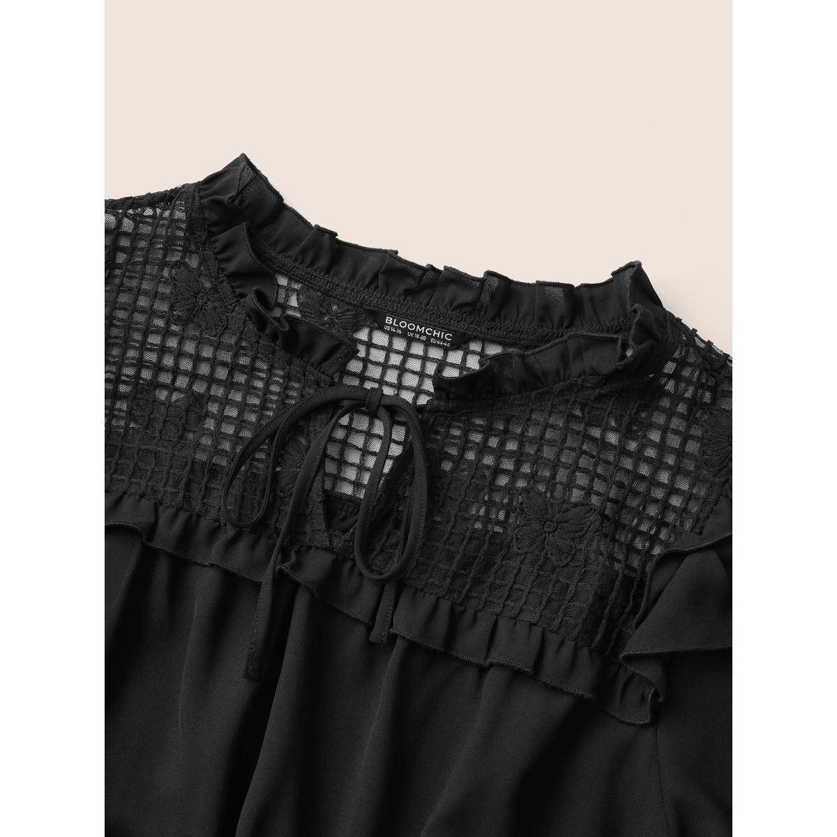 Plus Size Butterfly Patchwork Tie Neck Ruffles Belted Dress Black Women At the Office Non V-neck Short sleeve Curvy Midi Dress BloomChic 14-16/1X Product Image