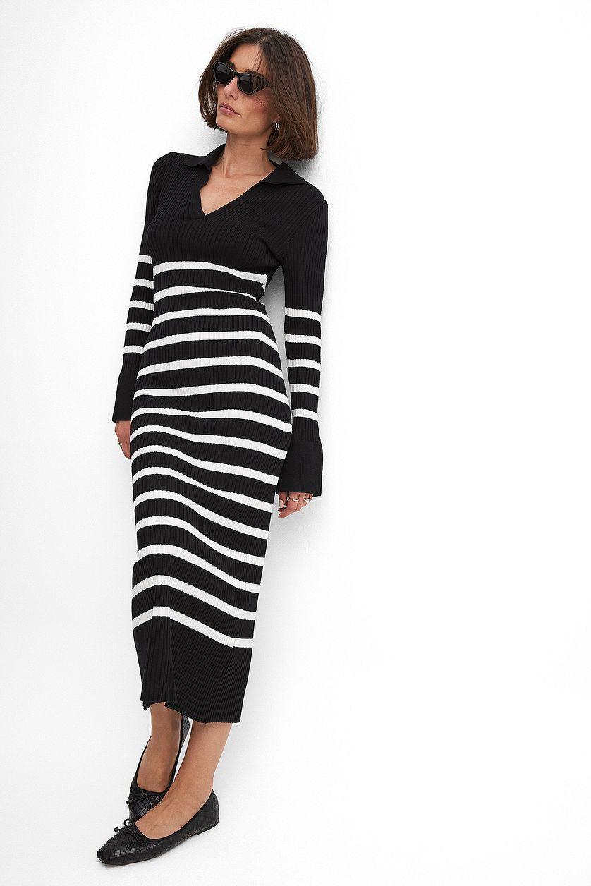 Striped Rib Knitted Trumpet Sleeve Dress Product Image