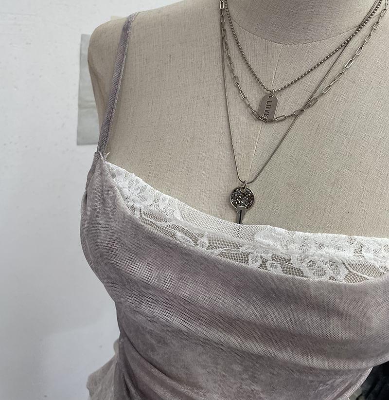 Asymmetrical Ruffle Trim Lace Panel Mesh Slim Fit Camisole Top Product Image