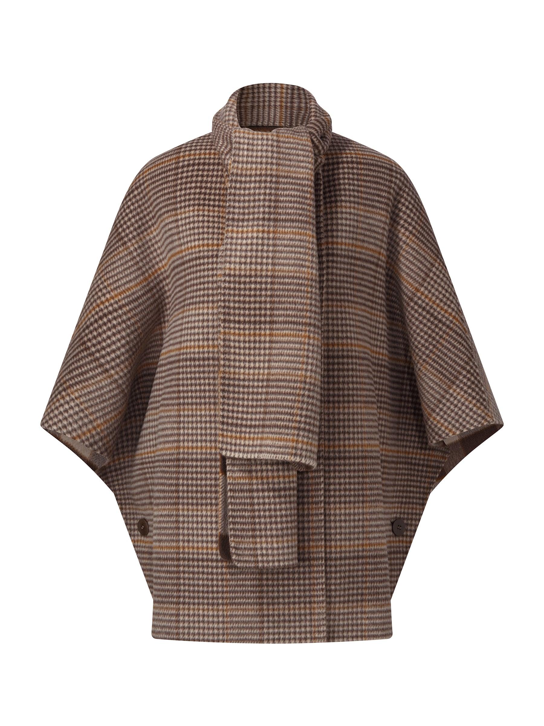 Cashmere Wool Plaid Double-Faced Reversible Women Cape Coat With Scarf Product Image