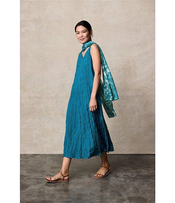Eileen Fisher Crushed Silk V-Neck Sleeveless Midi Dress Product Image