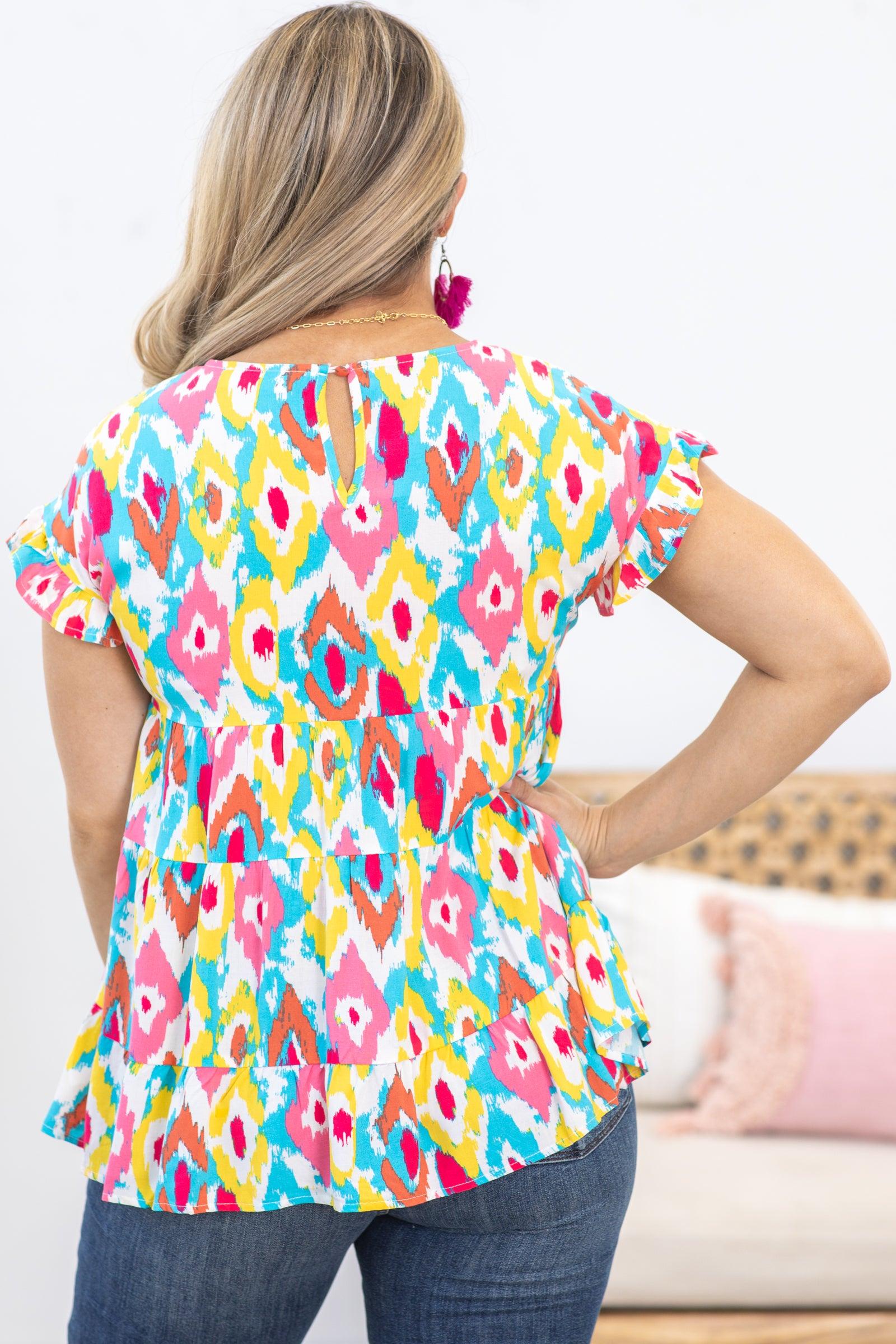 Pink and Sky Blue Abstract Tiered Woven Top Product Image