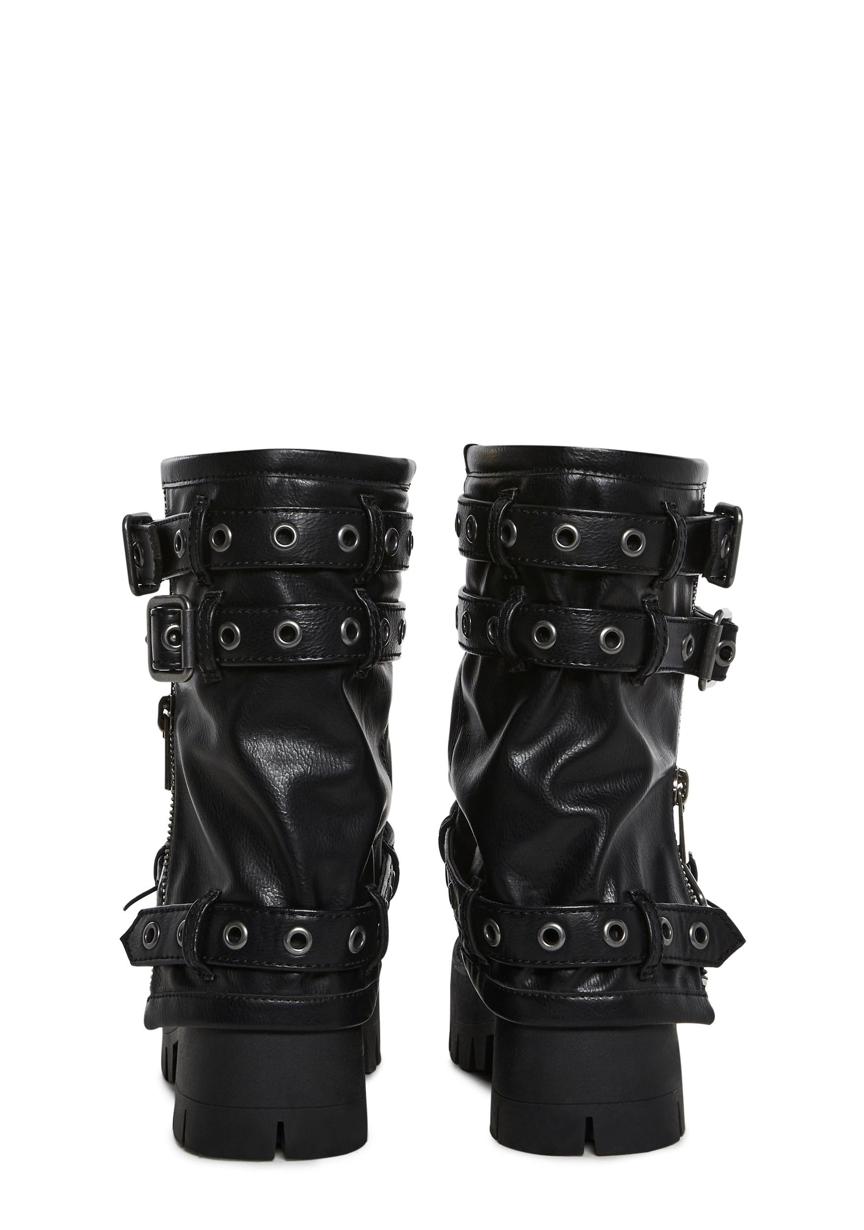 Vegan Leather Multi Buckle Mid Calf Zippered Combat Boots Darker Wavs - Black Product Image