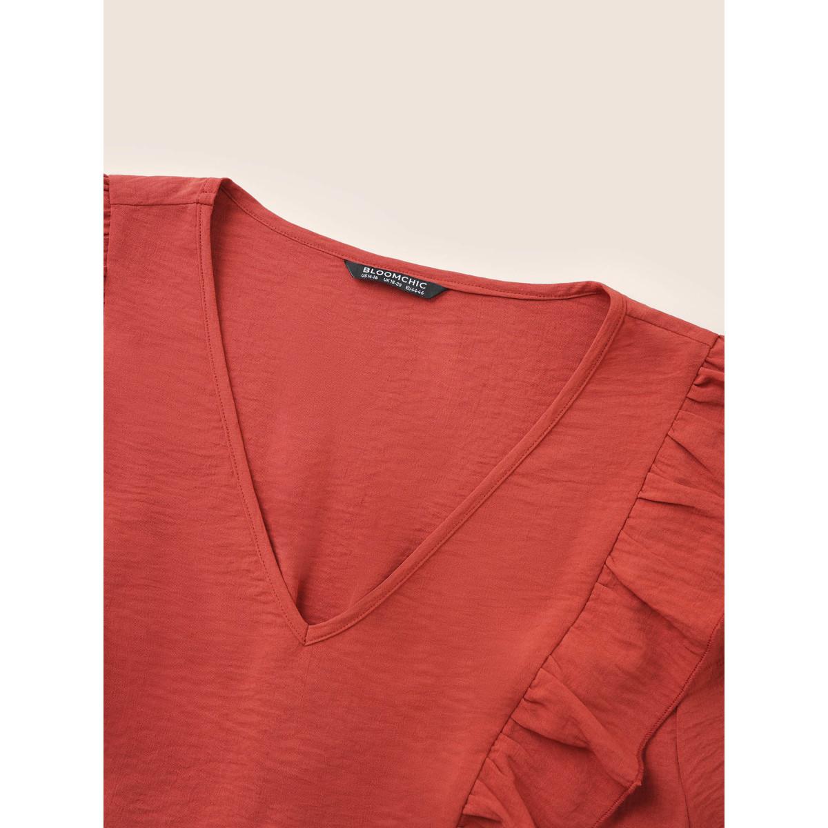 Plus Size Patchwork Ruffles Pocket Elastic Waist Crepe Dress OrangeRed Women Elegant Non V-neck Elbow-length sleeve Curvy Midi Dress BloomChic 14-16/1X Product Image