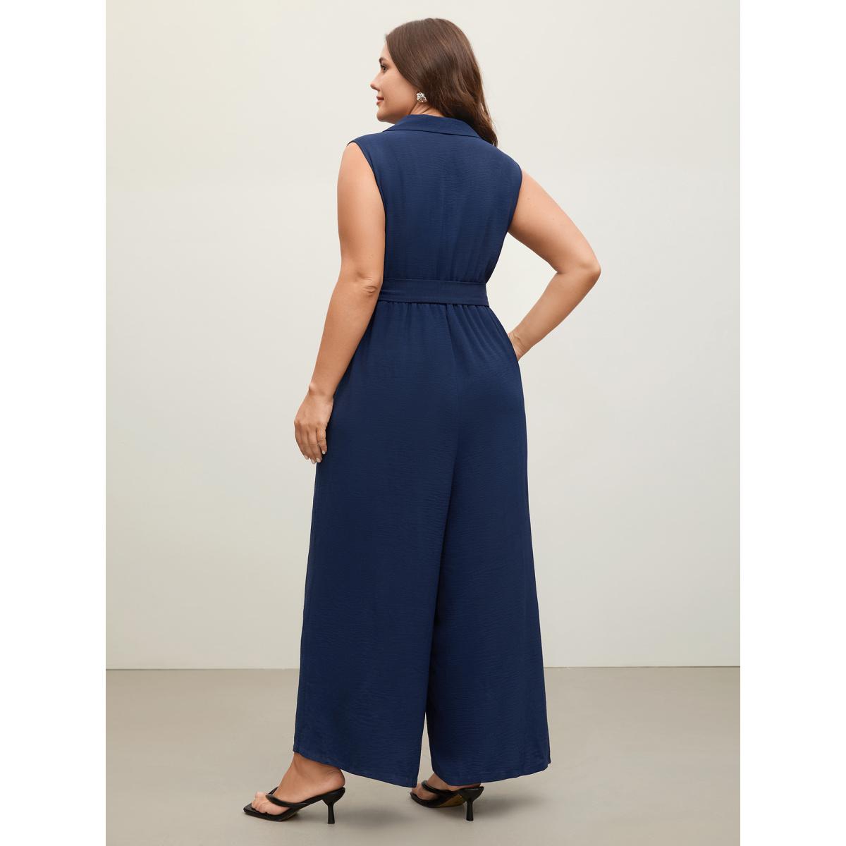 Plus Size Indigo Belted Waist-Cinched Wide-Leg Jumpsuit Women Office Sleeveless Shirt collar Office Loose Jumpsuits BloomChic 12/L Product Image