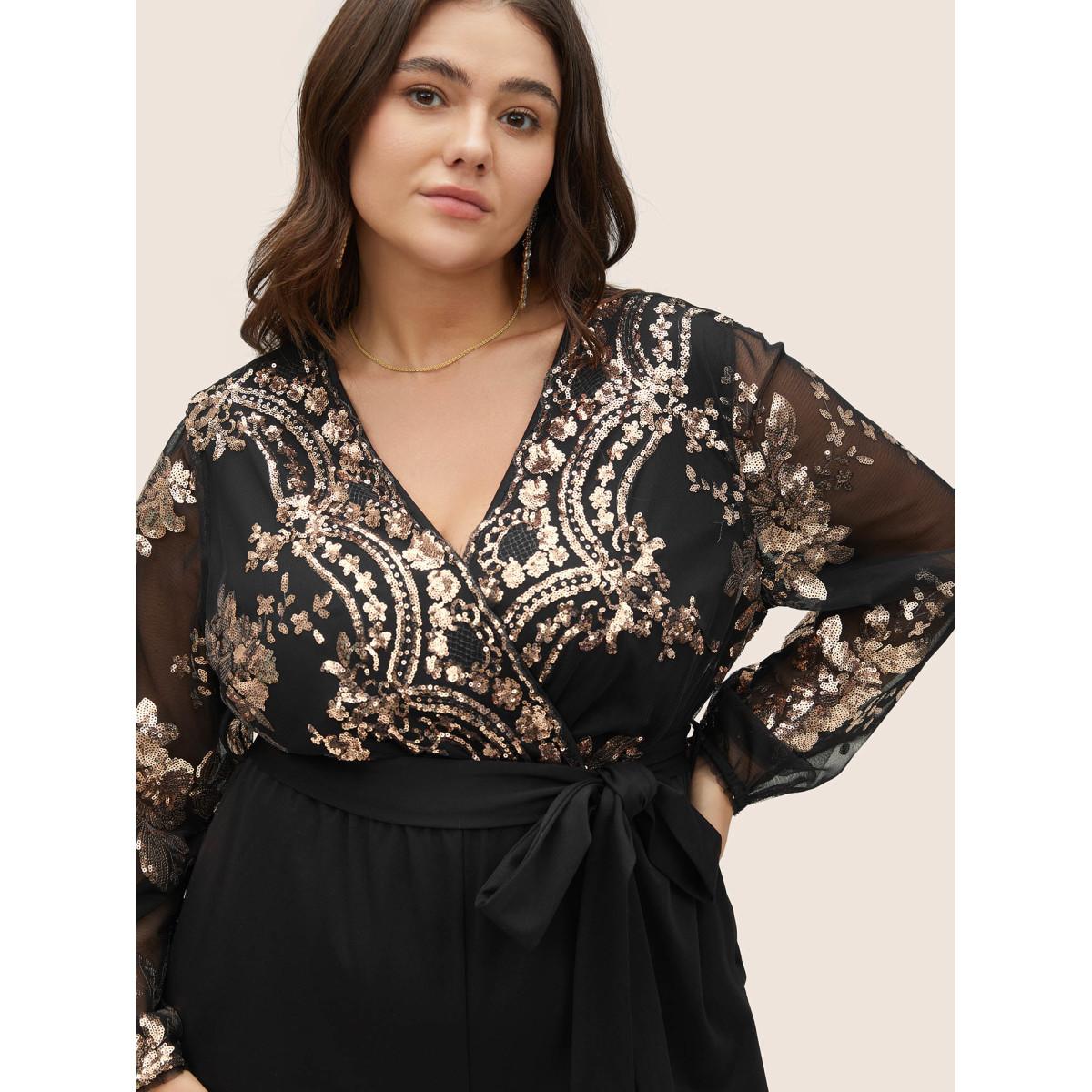 Plus Size Black Sequin Mesh Patchwork Wrap Belted Jumpsuit Women Cocktail Long Sleeve Overlap Collar Party Loose Jumpsuits BloomChic 10/M Product Image