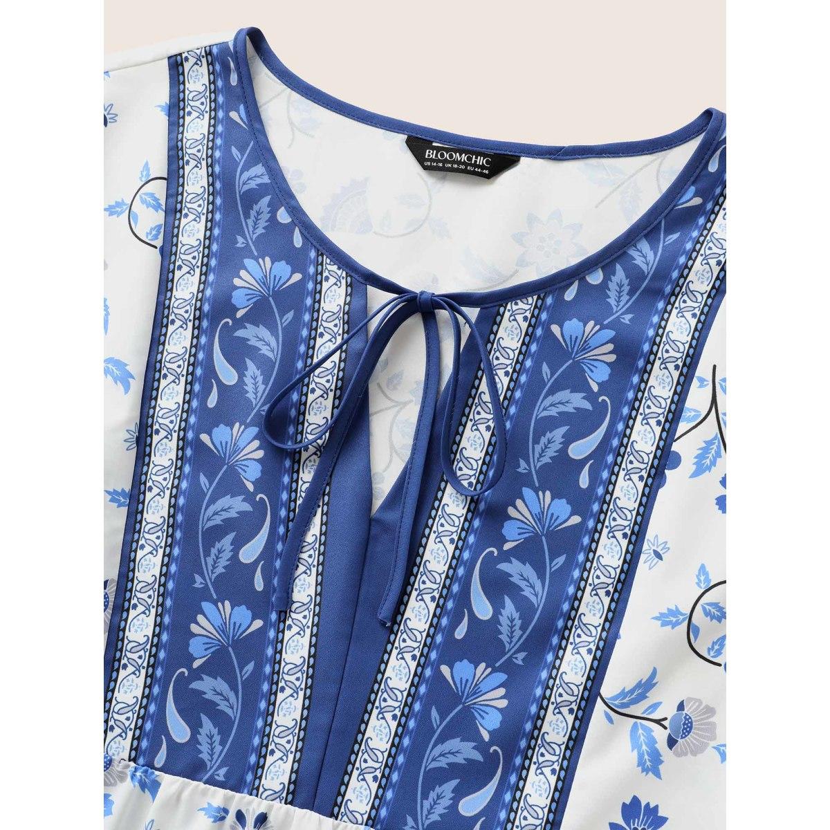 Plus Size Aegean Boho Print Tie Knot Ruffle Sleeve Blouse Women Resort Short sleeve Flat collar with V-notch Vacation Blouses BloomChic 10/M Product Image