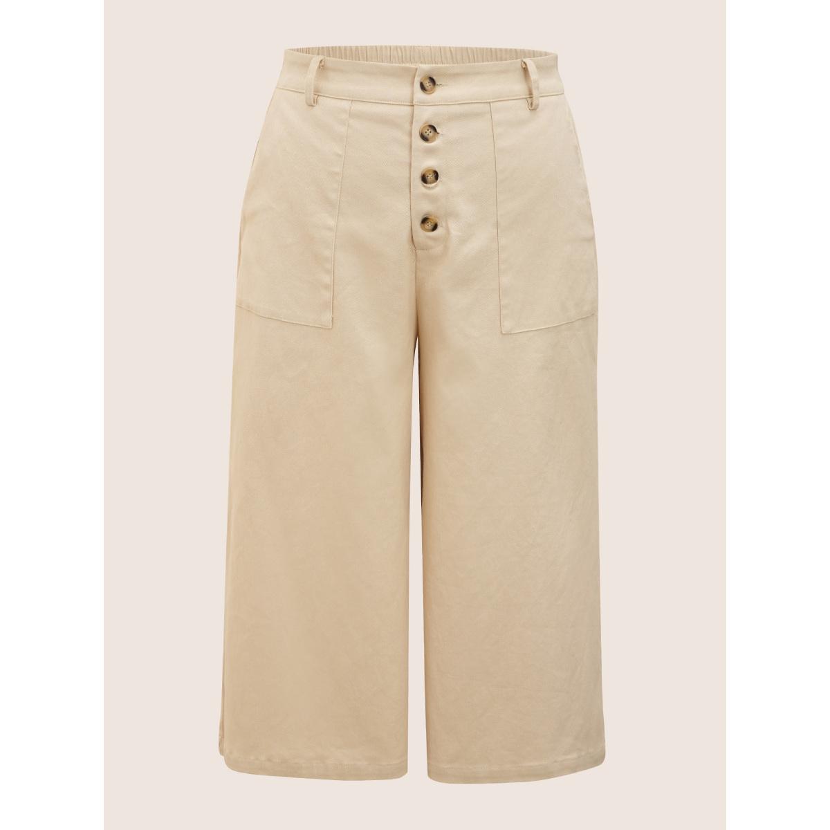 Plus Size Mid Rise Button Up Elastic Waist Loose Pants Women Beige Elegant Loose Mid Rise Everyday Pants BloomChic 14-16/1X Product Image