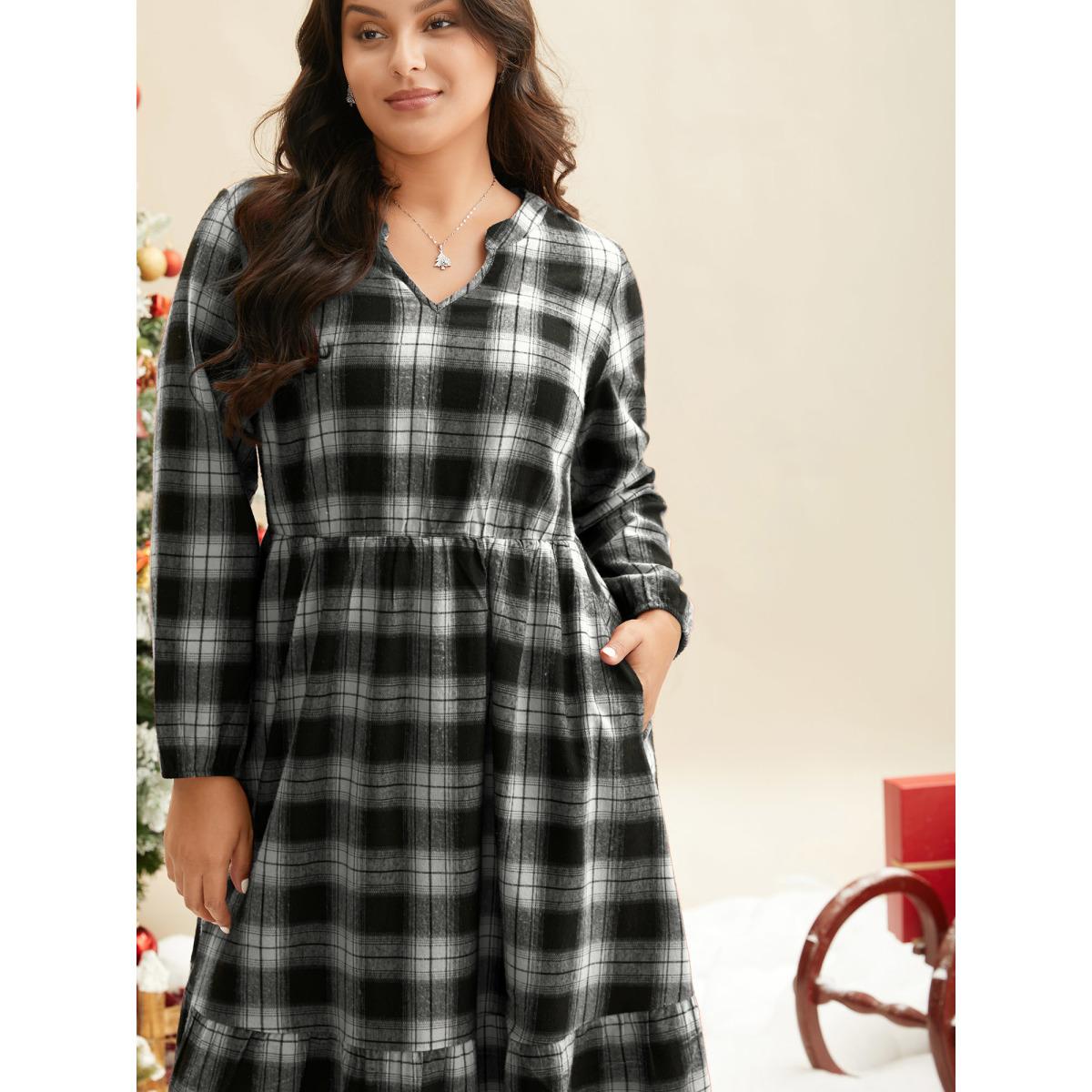 Plus Size Plaid Notched Collar Elastic Waist Midi Dress BlackFlower Women Casual Non Party Curvy Bloomchic 10/M Product Image