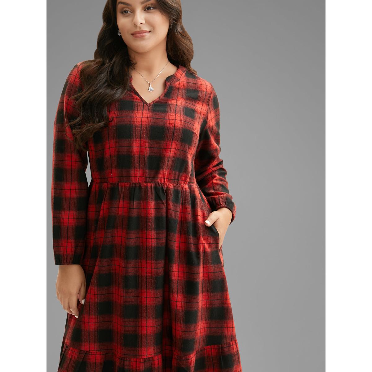Plus Size Plaid Notched Collar Elastic Waist Midi Dress Burgundy Women Casual Non Party Curvy Bloomchic 12/L Product Image