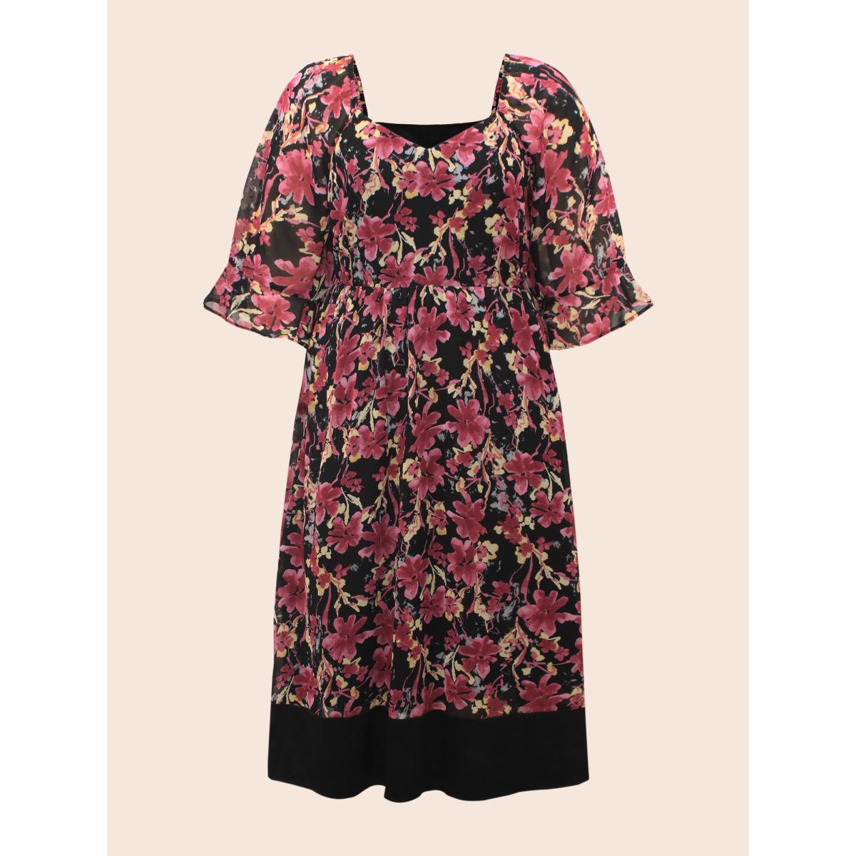 Plus Size Heart Neckline Floral Mesh Patchwork Dress Black Women Elegant See through Heart neckline Elbow-length sleeve Curvy BloomChic 28/5X Product Image