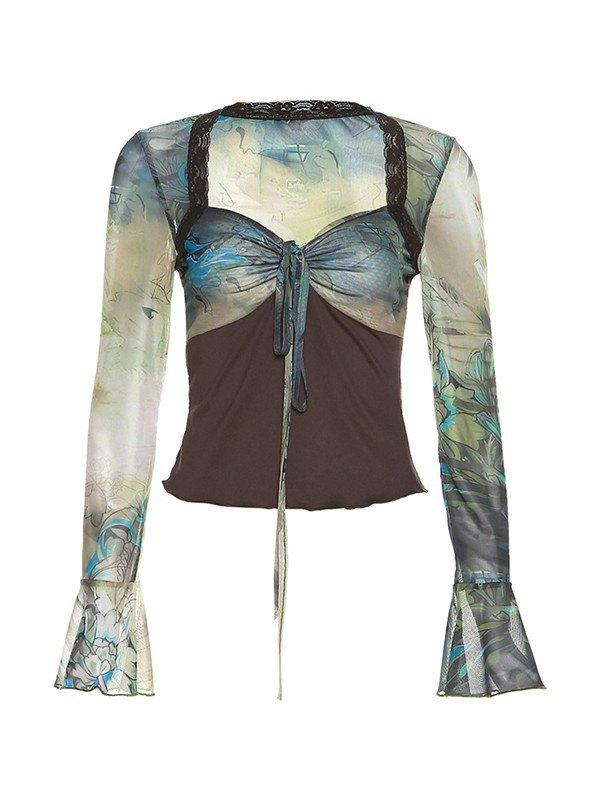 Tie Front Patchwork Mesh Long Sleeve Cropped Blouse Product Image