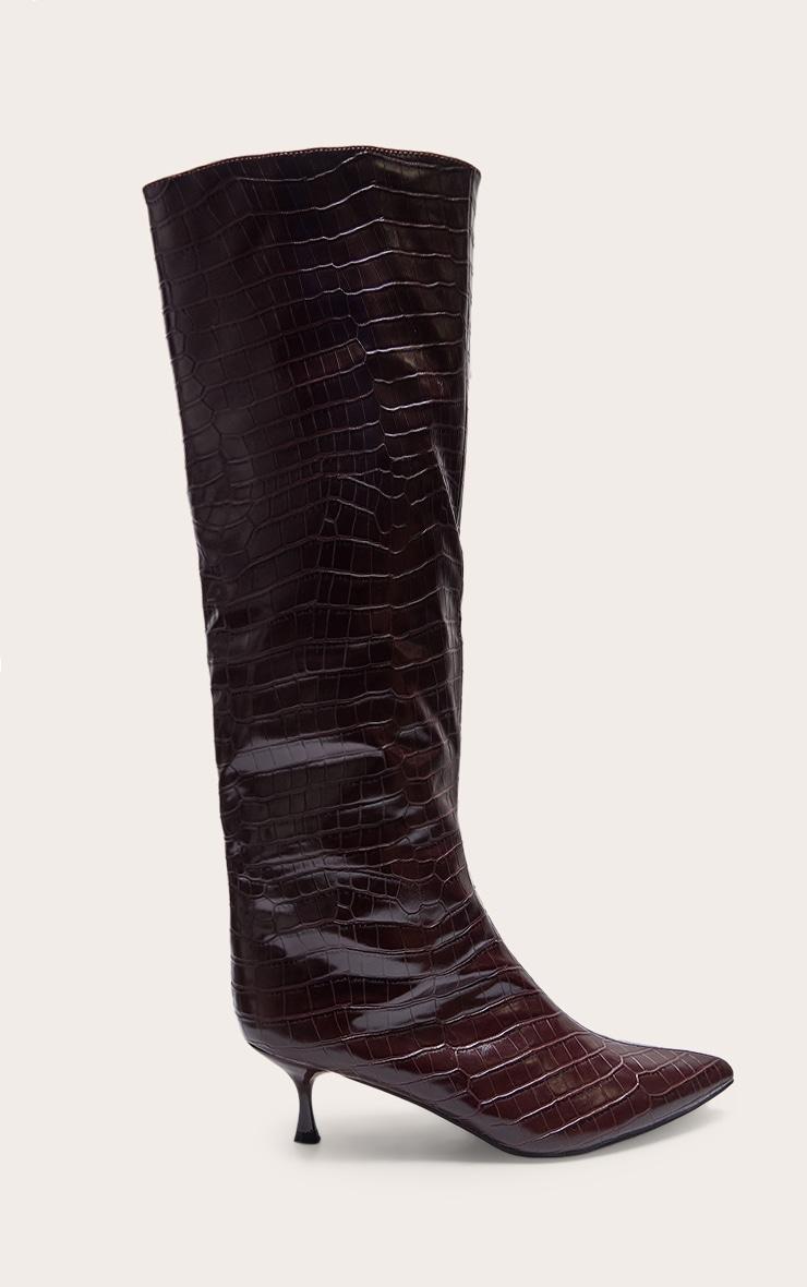 Burgundy Croc PU Point Toe Low Heel Knee High Boots Product Image