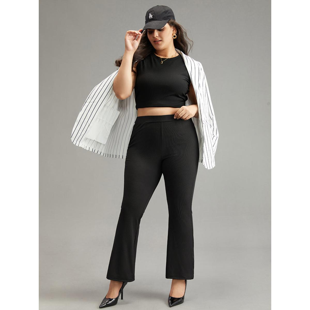 Plus Size Plain Rib Knit Flare Leg Legging Women Black Casual High stretch Flare Leg High Rise Dailywear Leggings BloomChic 26/4X Product Image