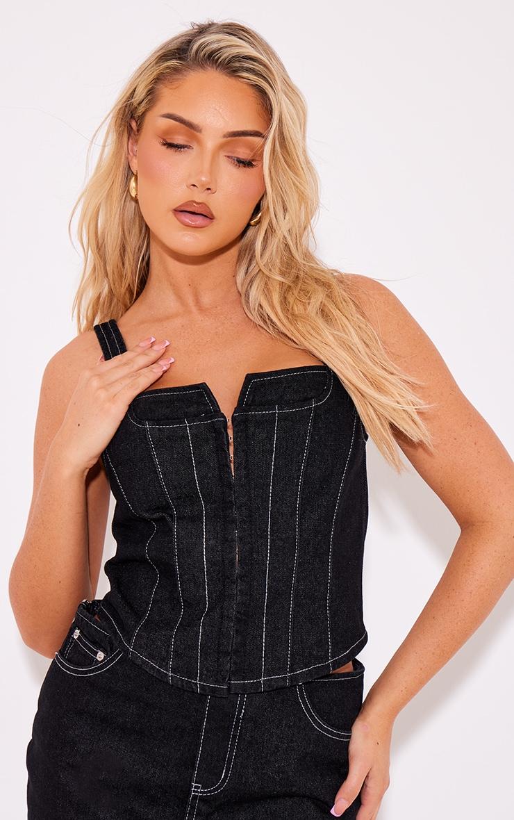 Black Denim Corset Contrast Stitch Top Product Image