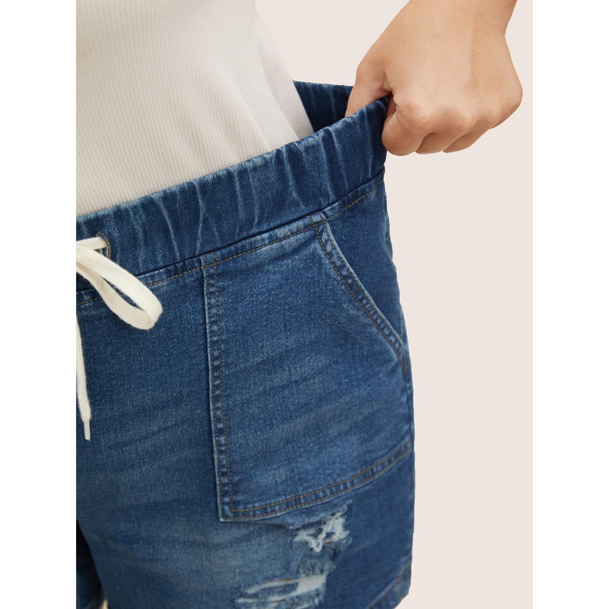 Plus Size Dark Wash Drawstring Distressed Patch Pocket Denim Shorts Women Darkindigo Distressed Medium stretch Everyday Patch pocket Casual Denim Shorts BloomChic 24/3X Product Image