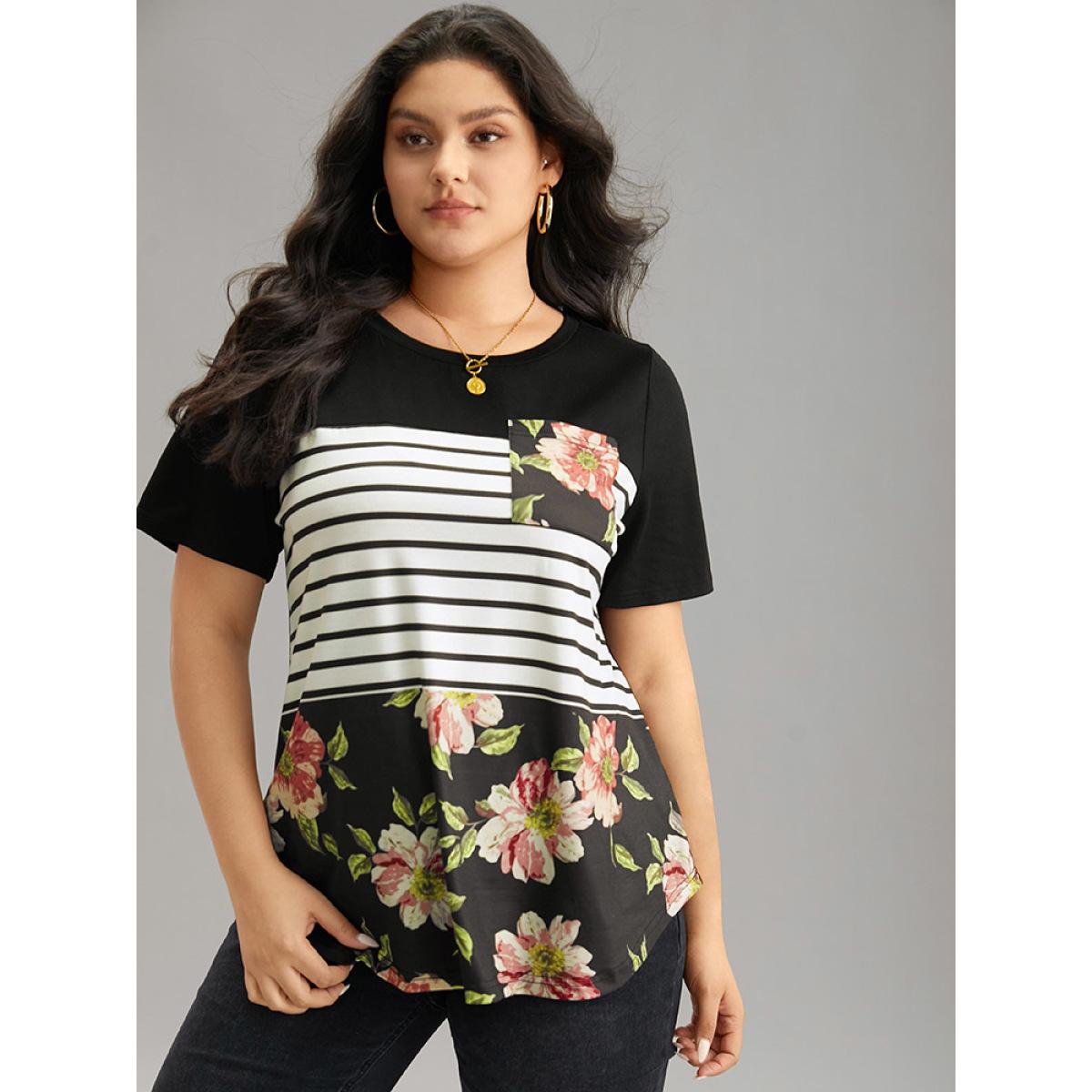 Plus Size Floral Striped Patchwork Patched Pocket T-shirt Black Women Casual Printed Striped Round Neck Dailywear T-shirts BloomChic 26/4X Product Image