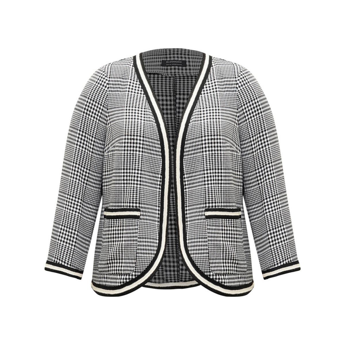 Plus Size Gingham Contrast Webbing Pocket Blazer Women Black Elegant Contrast Ladies Dailywear Winter Coats BloomChic 22-24/3X Product Image