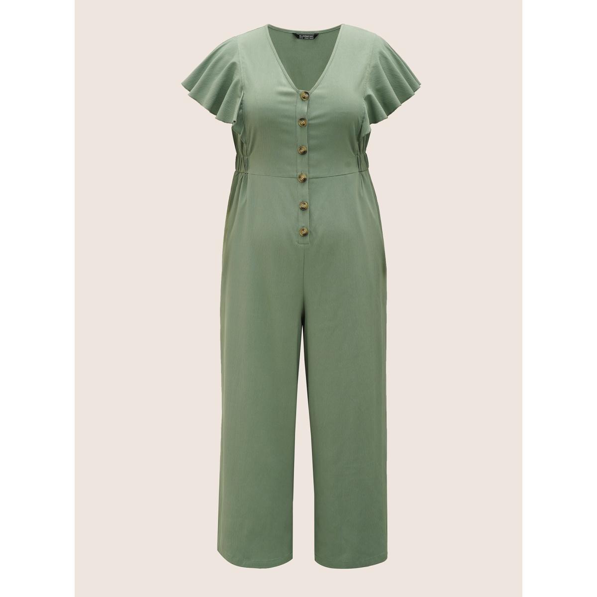 Plus Size Sage Solid Button Up Ruffle Cap Sleeve Jumpsuit Women Elegant Cap Sleeve V-neck Everyday Loose Jumpsuits BloomChic 12/L Product Image