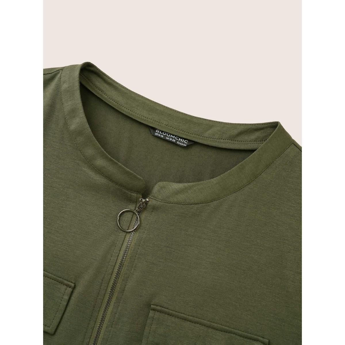 Plus Size Plain Half Zip Flap Detail Tab Sleeve Dress ArmyGreen Women At the Office Non Notched collar Elbow-length sleeve Curvy Midi Dress BloomChic 14-16/1X Product Image