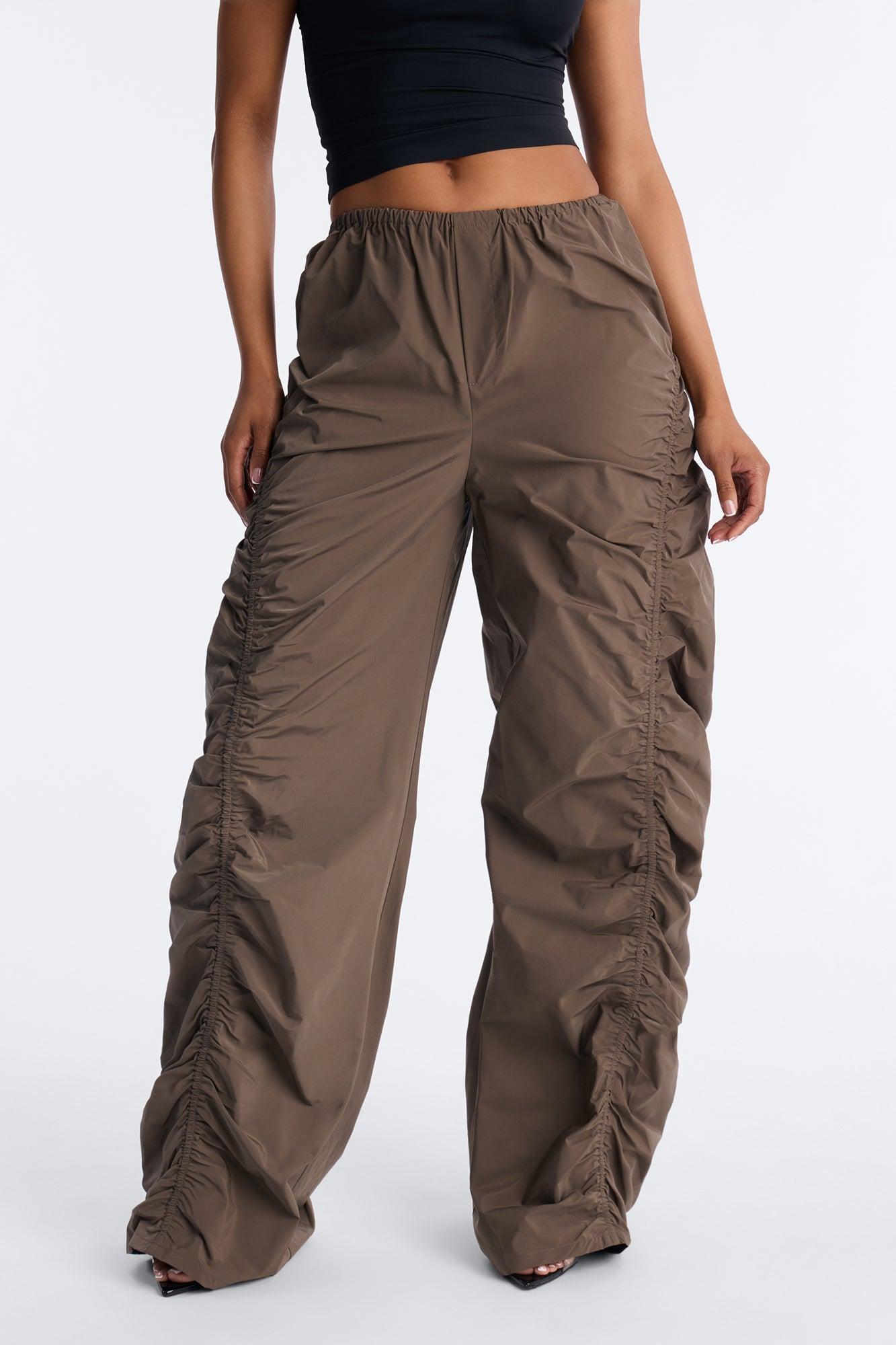 Ariana Low Rise Ruched Stacked Nylon Pant 33″ - Olive Female Product Image