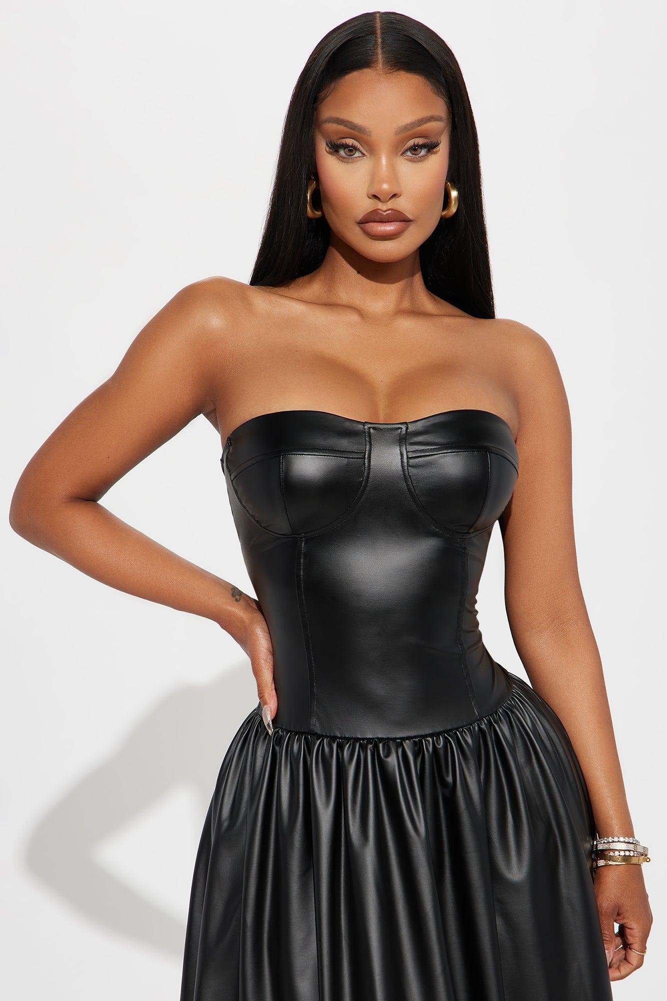 Daphne Faux Leather Drop Waist Maxi Dress - Black Product Image