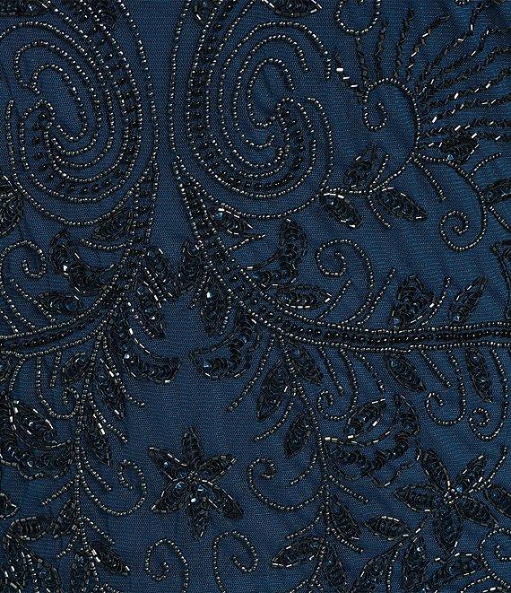 Pisarro Nights Plus Size Beaded Bodice Illusion Boat Neck 3/4 Sleeve A-Line Gown Product Image