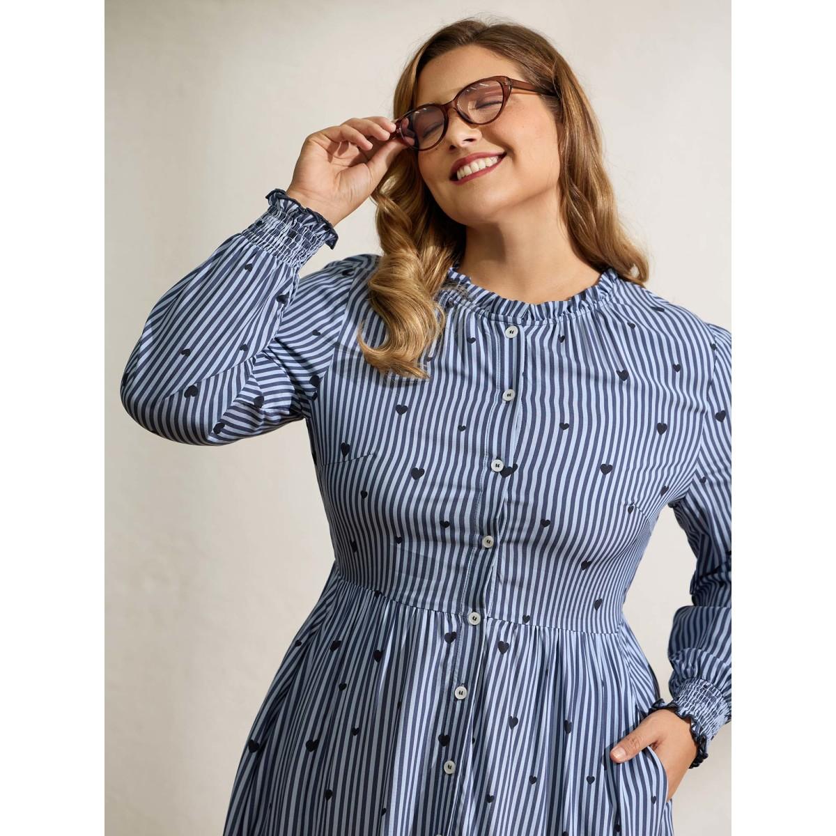 Plus Size Stripe Hearts Pocket Shirt Maxi Dress Indigo Women Leisure Shirt collar Long Sleeve Curvy BloomChic 18-20/2X Product Image