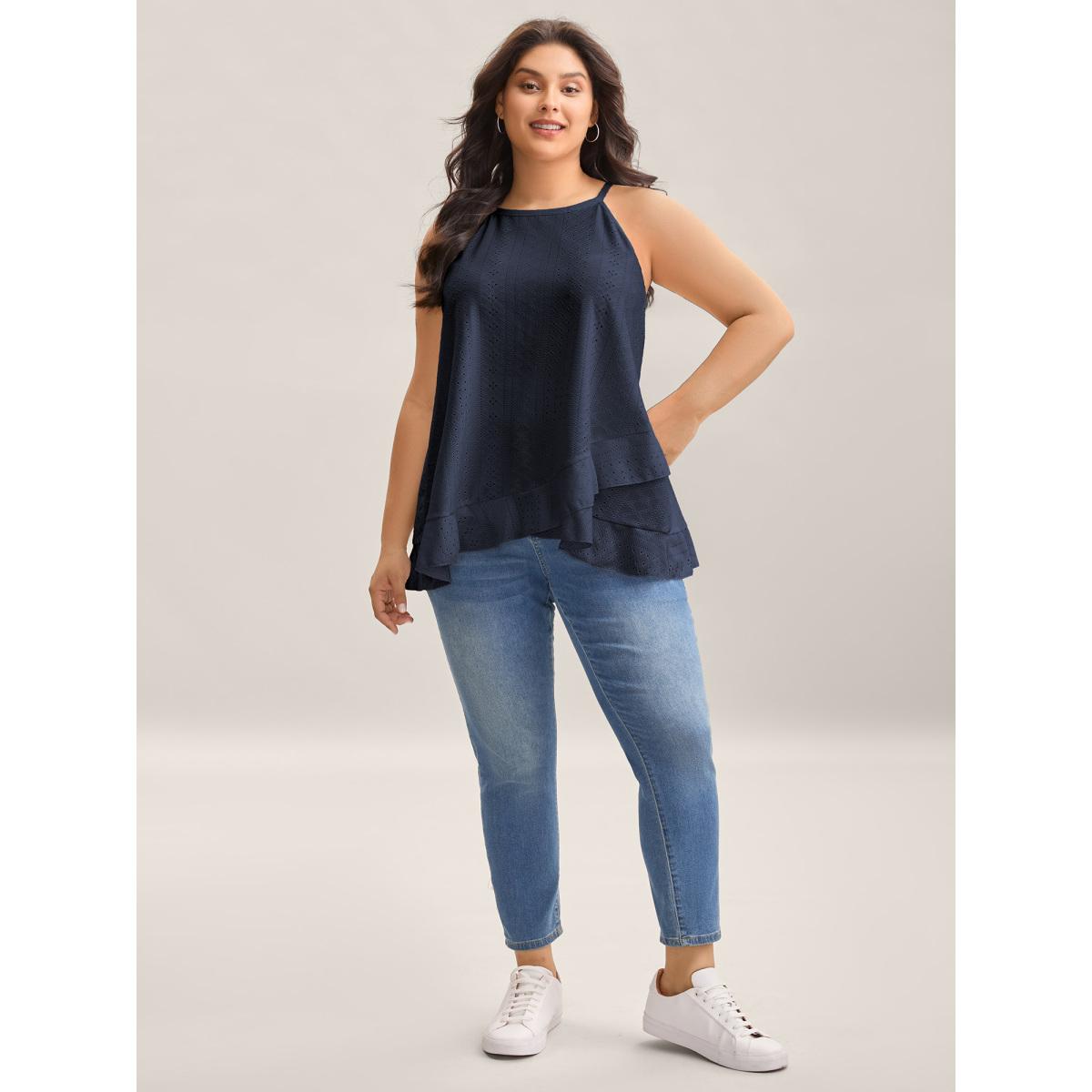 Plus Size Textured Knit Overlap Hem Tank Top Women Indigo Leisure Overlapping Round Neck Casual Tank Tops Camis BloomChic 12/L Product Image