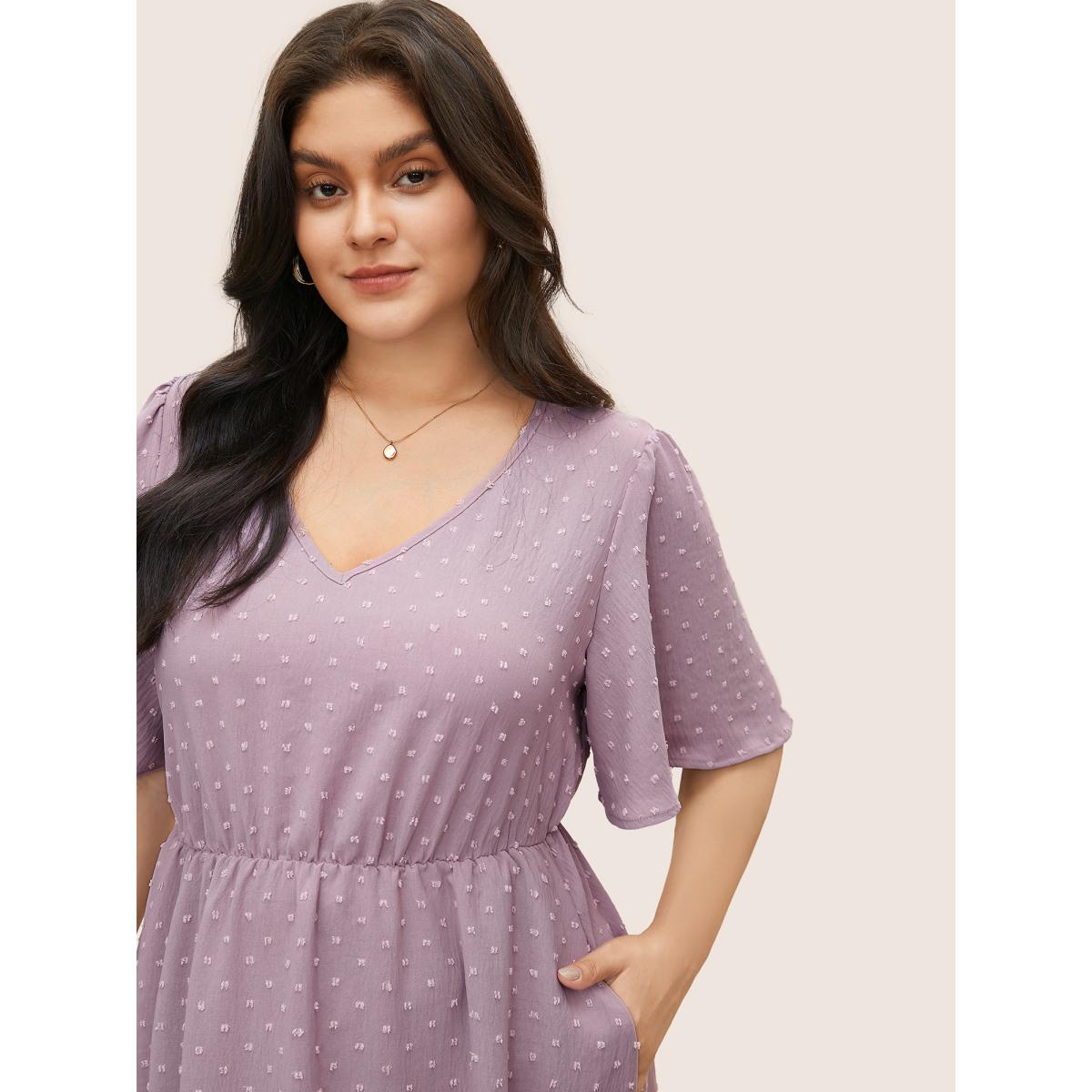 Polka Dot Shirred Plus Size Women Elegance Dress Plain Pocket Ruffle Sleeve Short Sleeve V Neck Pocket Dailywear Midi Dress BloomChic Product Image
