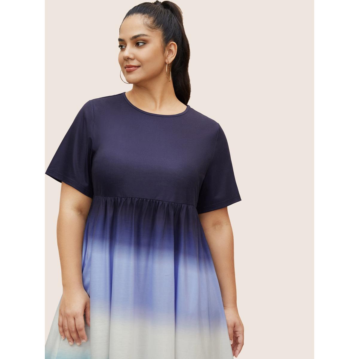 Plus Size Ombre Tie Dye Round Neck Gathered Dress Blue Women Casual Pleated Round Neck Short sleeve Curvy BloomChic 14-16/1X Product Image