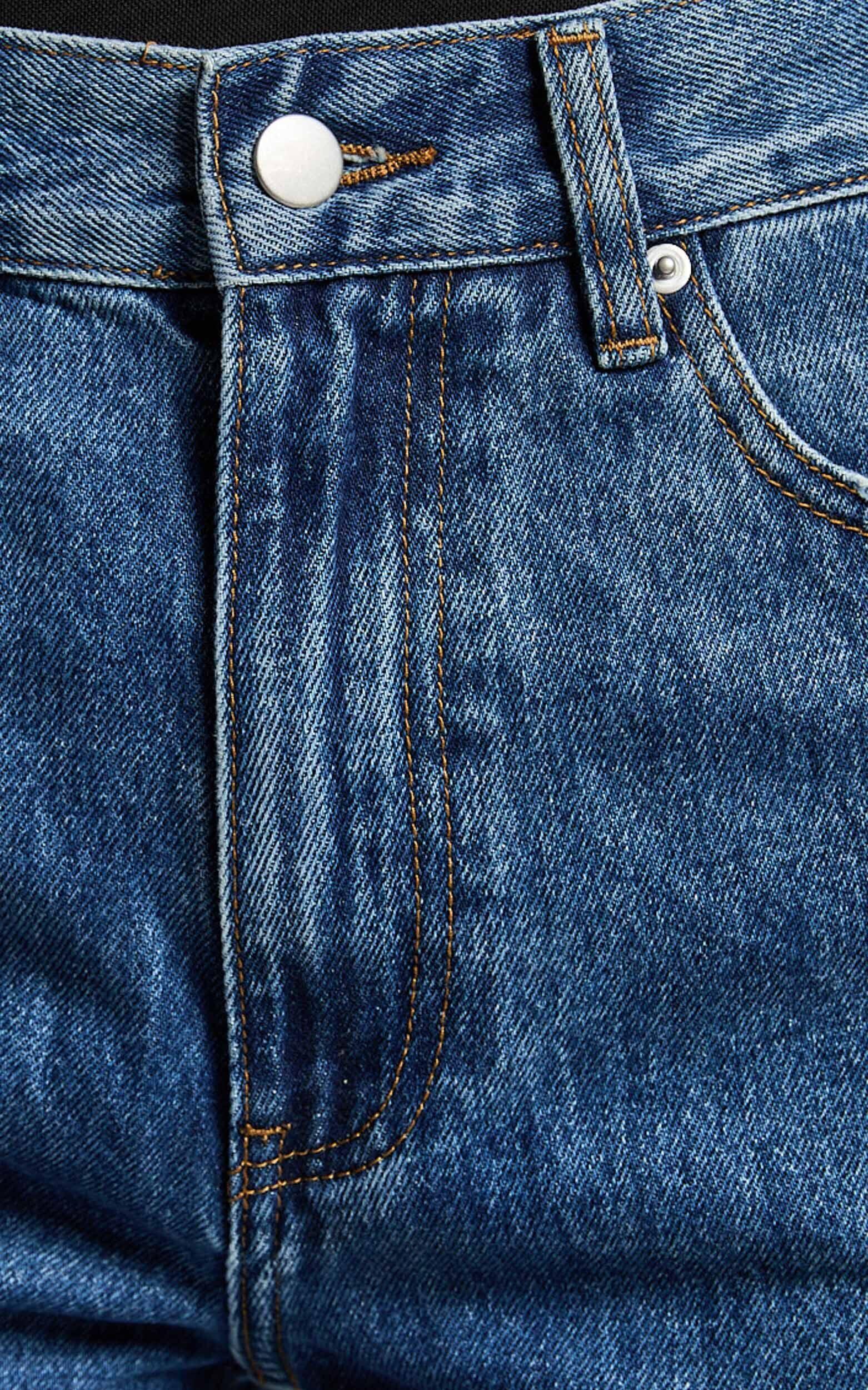 Miho Jeans - High Waisted Recycled Cotton Distressed Straight Leg Denim Jeans in Dark Blue Wash Product Image