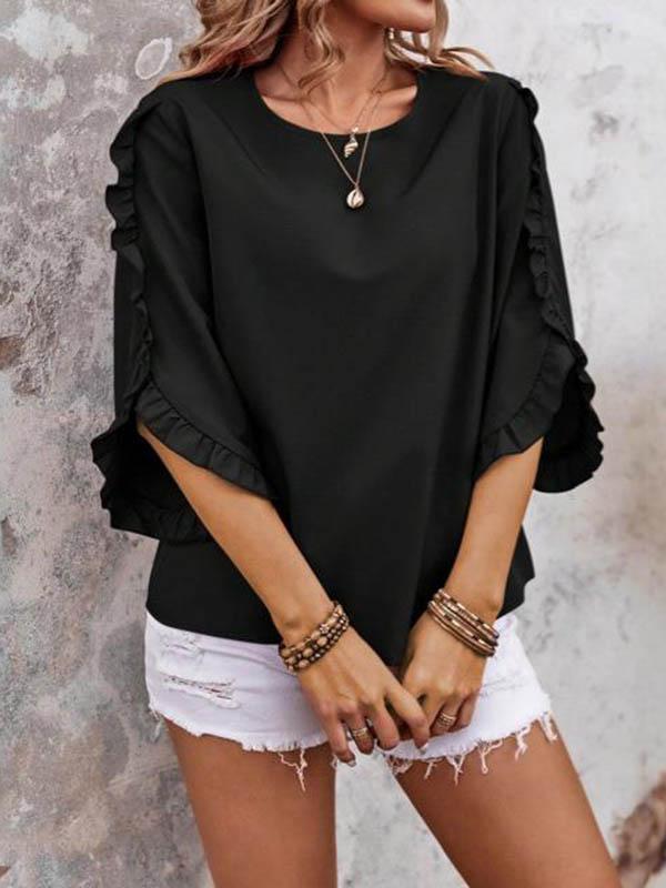 Loose Three-Quarter Sleeves Pleated Ruffled Solid Color Split-Joint Round-Neck Blouses&Shirts Tops Product Image