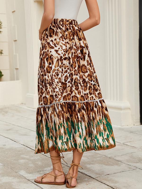 A-Line Loose Drawstring Leopard Split-Joint Skirts Bottoms Product Image