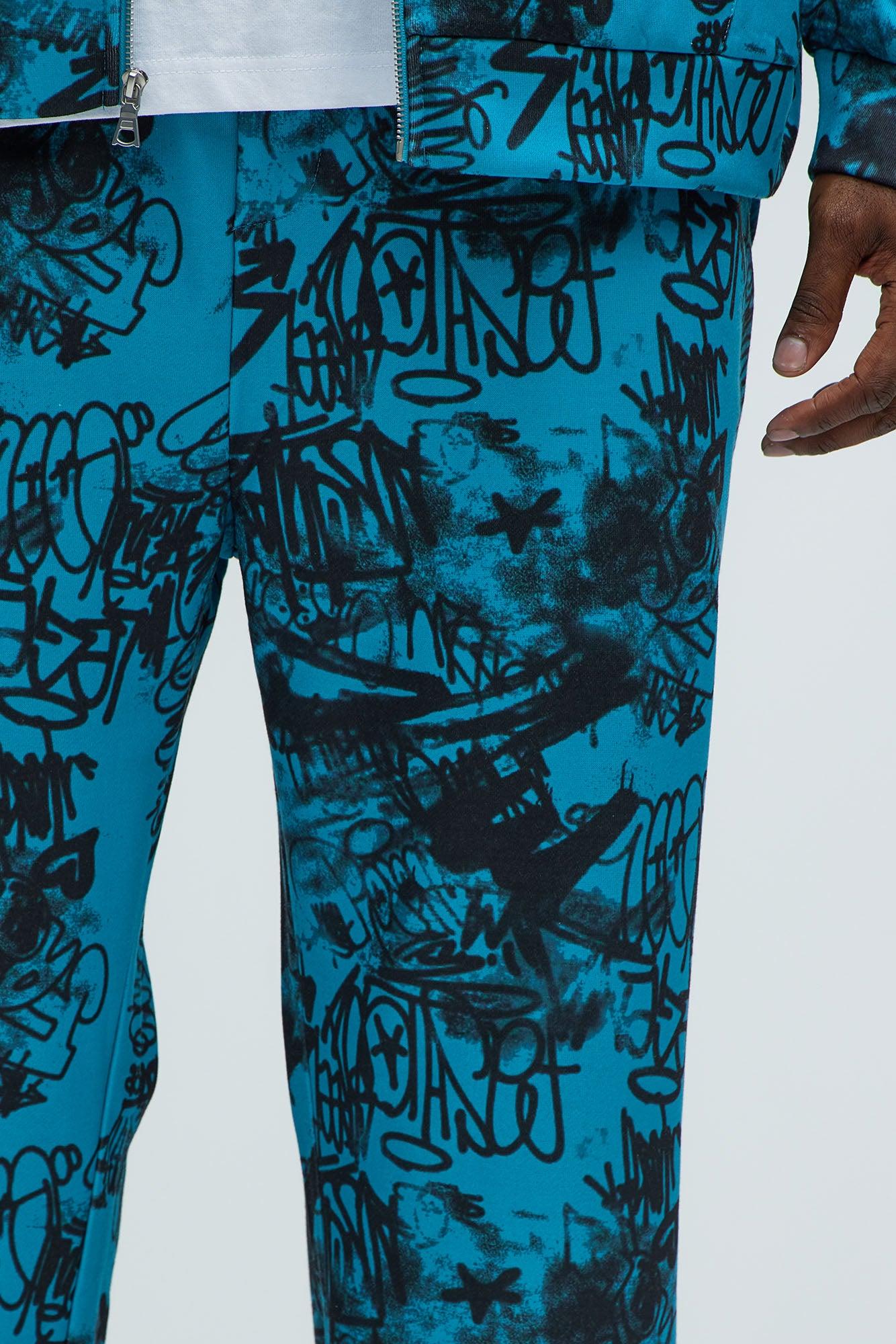Vandal Straight Graffiti Sweatpants - Blue Product Image