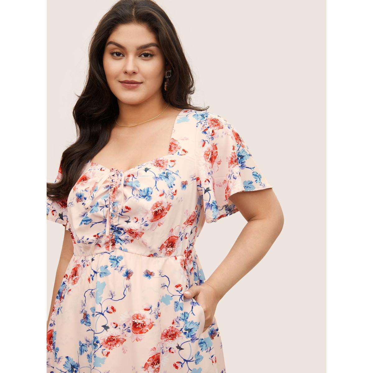 Plus Size Square Neck Floral Print Gathered Drawstring Dress MistyRose Women Elegant Non Square Neck Short sleeve Curvy Midi Dress BloomChic 26/4X Product Image
