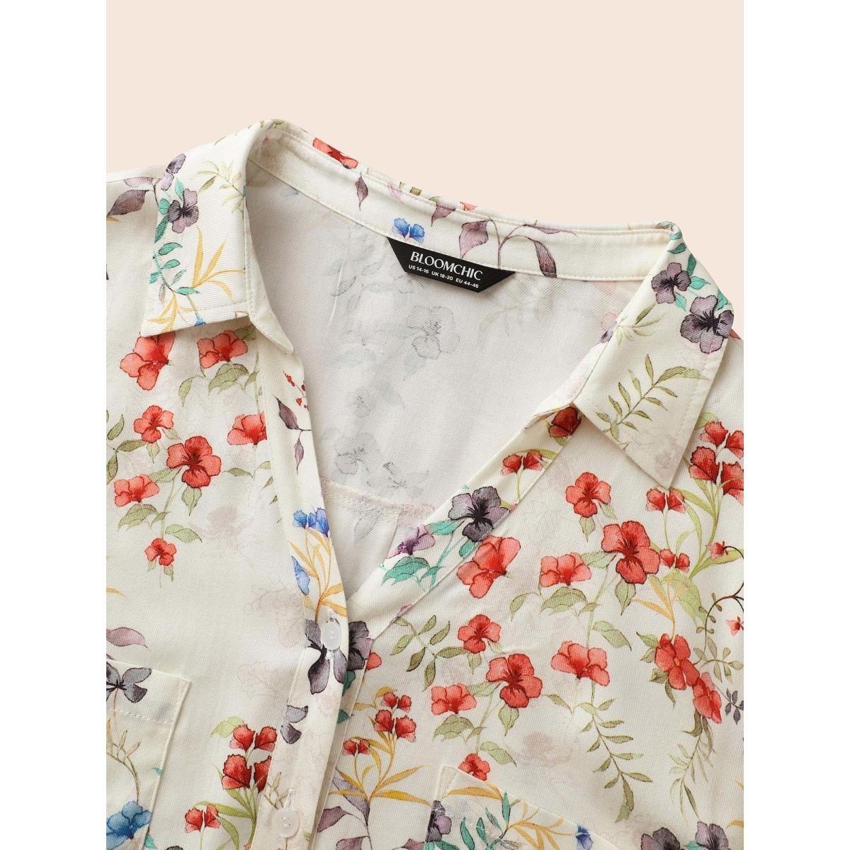 Plus Size Originalwhite Shirt Collar Floral Patched Pocket Blouse Women Elegant Long Sleeve Shirt collar Everyday Blouses BloomChic 30/6X Product Image