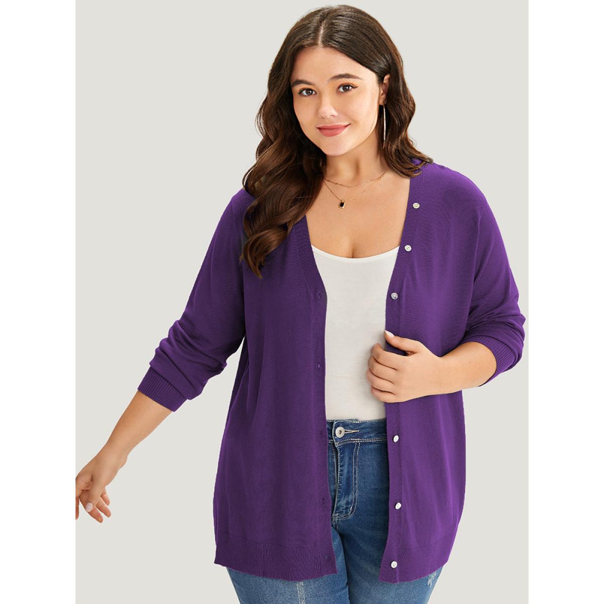 Plus Size Supersoft Essentials Plain Button Detail Very Stretchy Cardigan Blackcurrant Women Casual Loose Long Sleeve Everyday Cardigans BloomChic 28/5X Product Image