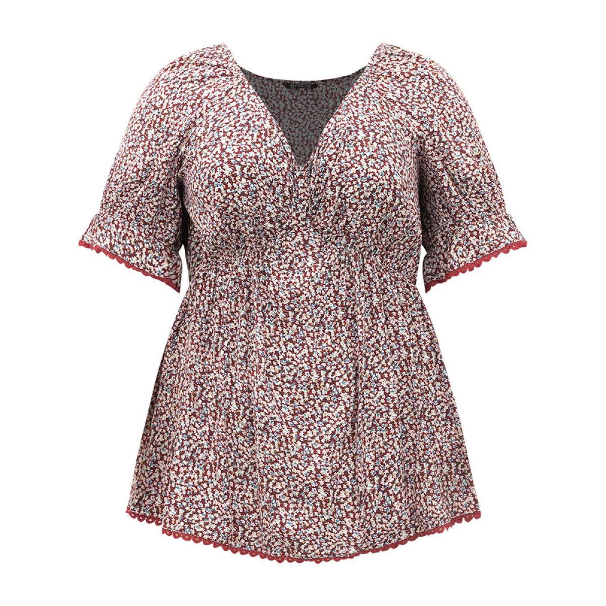 Plus Size Scarlet Ditsy Floral Ruched V Neck Lace Patchwork Blouse Women Elegant Half Sleeve V-neck Dailywear Blouses BloomChic 10/M Product Image