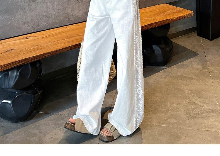 Mid Waist Lace Panel Wide Leg Pants Product Image