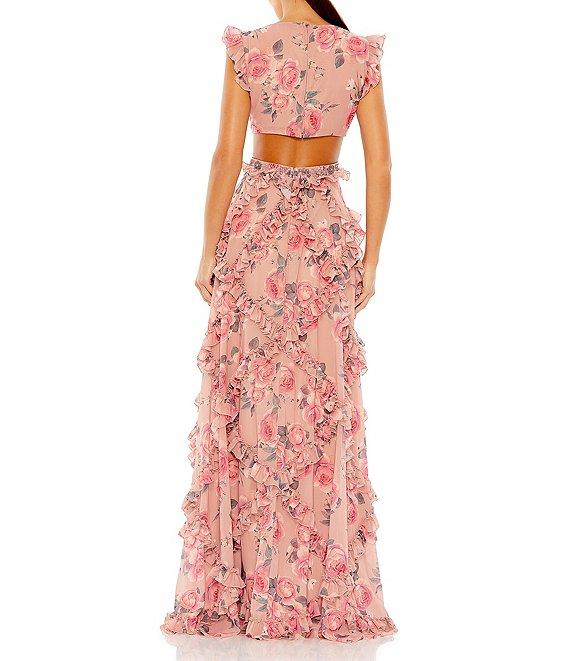 Mac Duggal Cutout Floral V-Neck Ruffled Cap Sleeve Gown Product Image