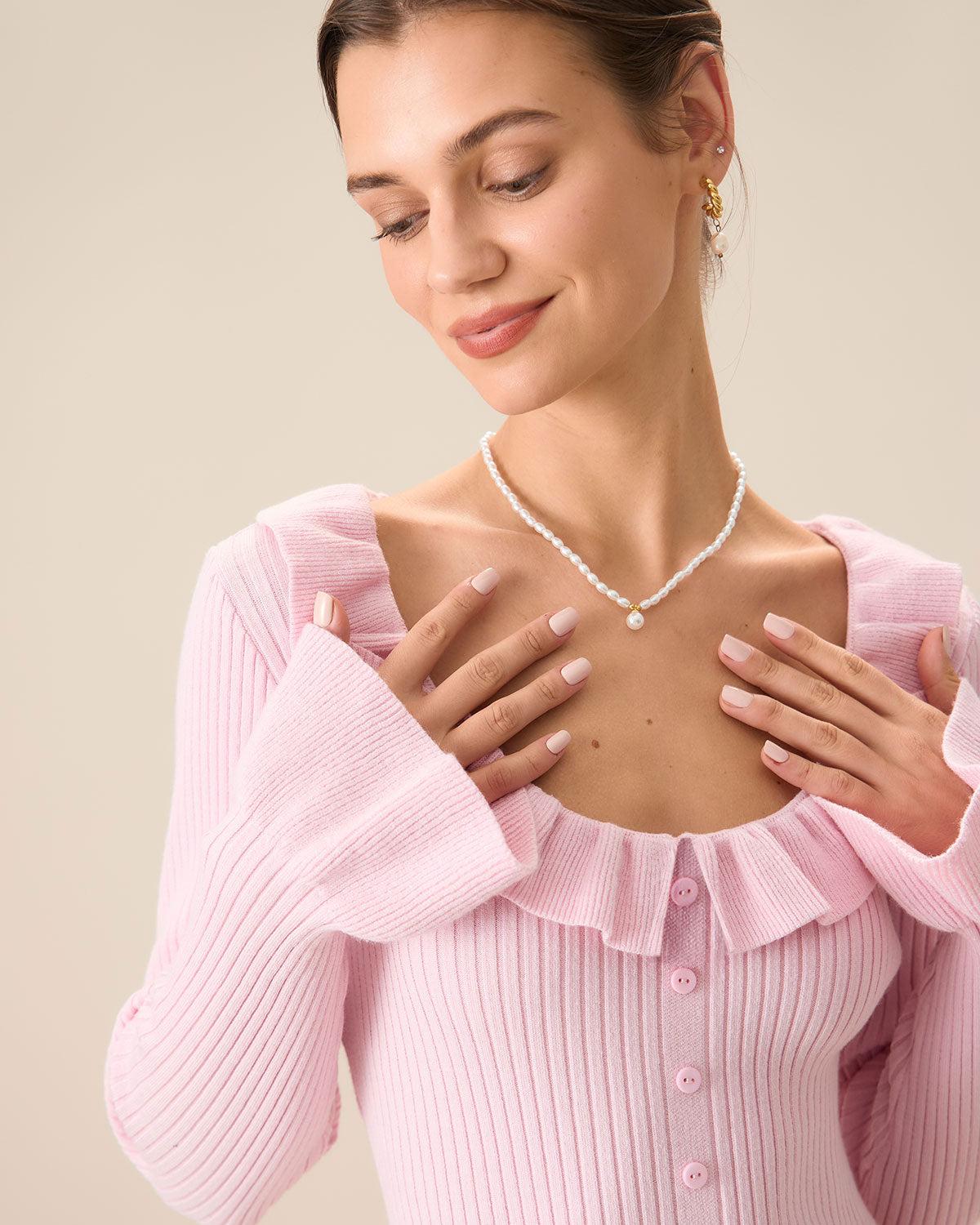 Women's Pink U-Neck Ruffle Bodycon Sweater Dress Female Product Image