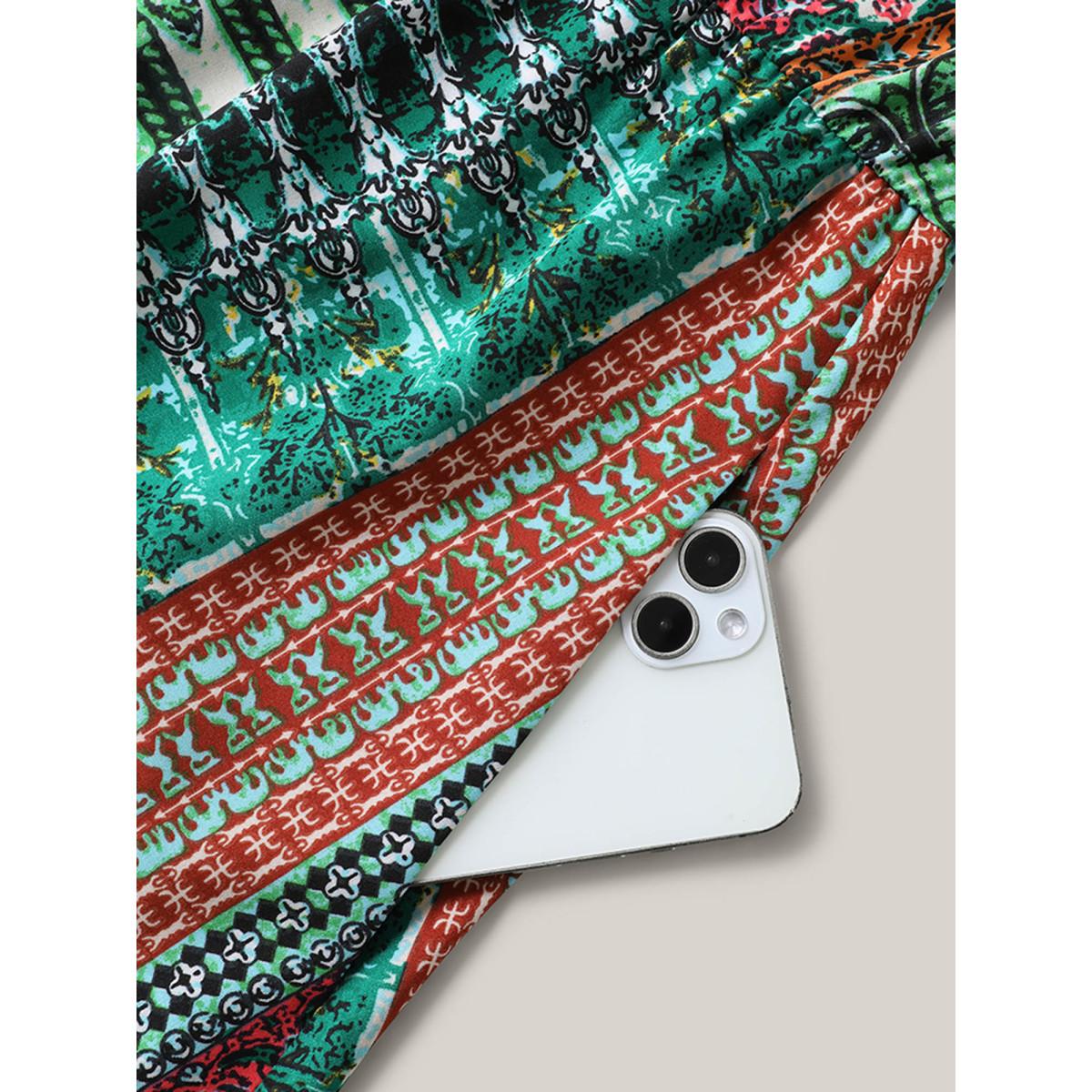 Plus Size Boho Stripes Pockets Flutter Midi Dress Emerald Women Heart neckline Cap Sleeve Curvy BloomChic 30/6X Product Image