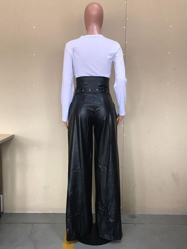 High Waisted Wide Leg Belted Solid Color Zipper Pants Trousers Product Image