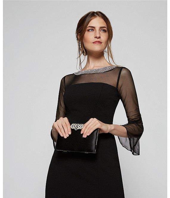 Alex Evenings Illusion 3/4 Mesh Bell Sleeve Boat Neck Crepe Sheath Dress Product Image