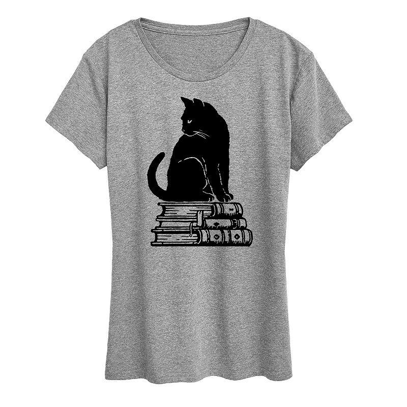 Women's Black Cat on Books Graphic Tee, Girl's,  Product Image