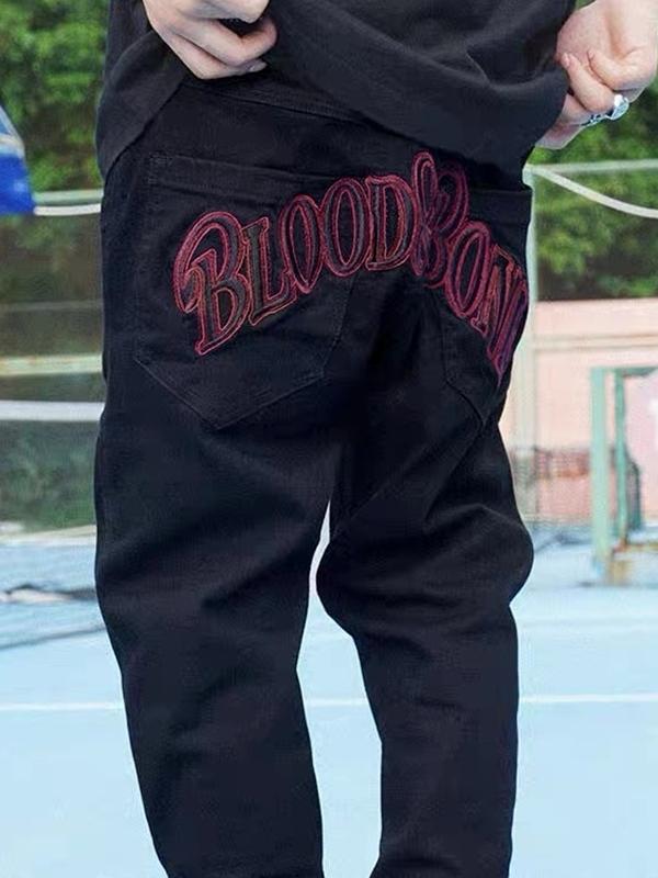 Men's Letter Embroidered Print Zip Up Loose Jeans Product Image