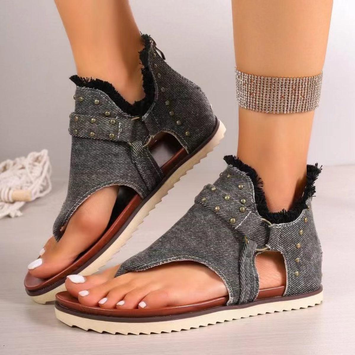 Studded Raw Hem Flat Sandals Product Image