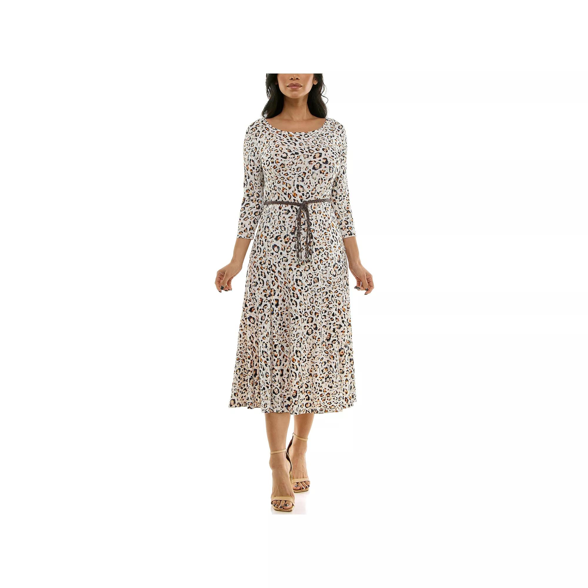 Women's Nina Leonard Sylvia Three-Quarter Sleeve Belted Midi Dress,  Product Image